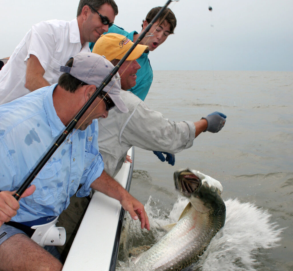Capt. Greg and anglers landing a tarpon